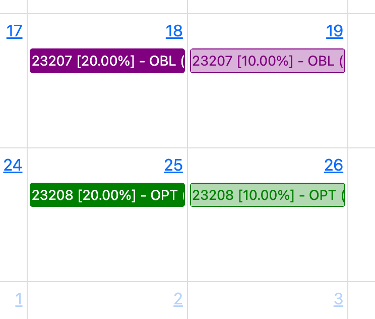 Exemple de calendari amb colors